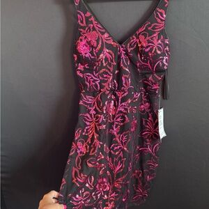 B Darlin Black Slip Dress with Pink Sequin Floral Detail - Juniors sz 15